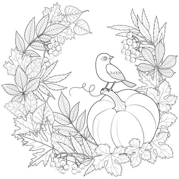 秋天花环里的南瓜上的鸟 叶上的黑白矢量图解 — 图库矢量图片