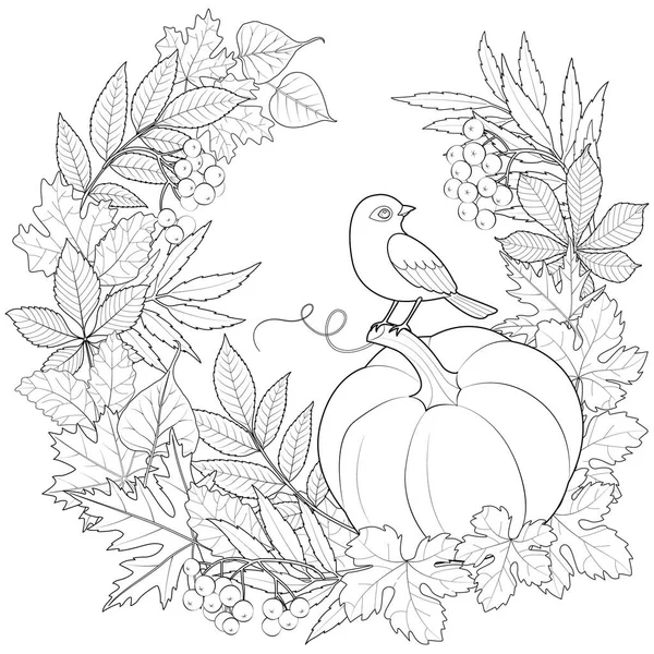 Oiseau Sur Une Citrouille Dans Une Couronne Feuilles Automne Illustration — Image vectorielle