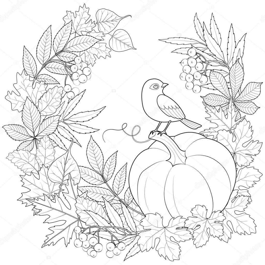 Bird on a pumpkin in a wreath of autumn leaves black and white vector illustration
