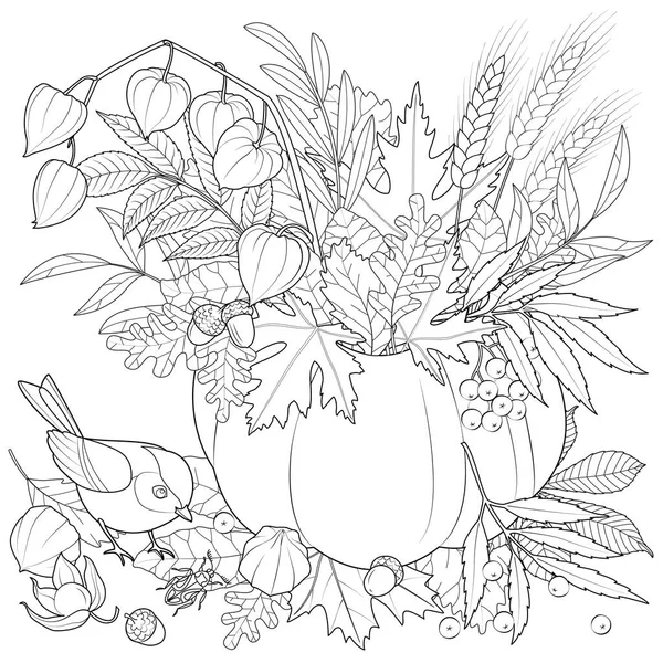 Μπουκέτο Φθινοπωρινά Φύλλα Μια Κολοκύθα Ασπρόμαυρη Διανυσματική Απεικόνιση — Διανυσματικό Αρχείο