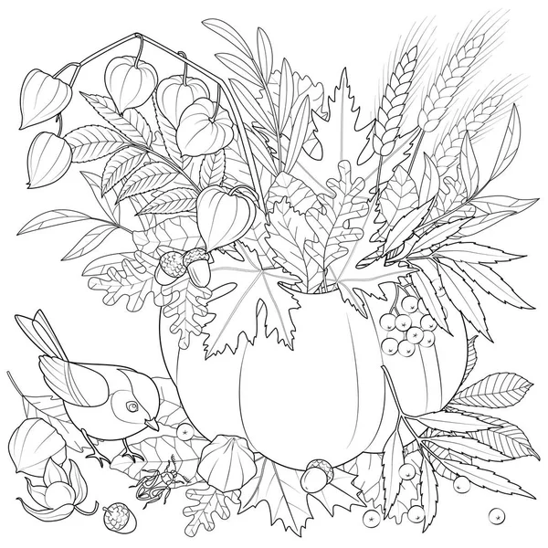 Ramo Hojas Otoño Una Calabaza Ilustración Vectorial Blanco Negro — Archivo Imágenes Vectoriales