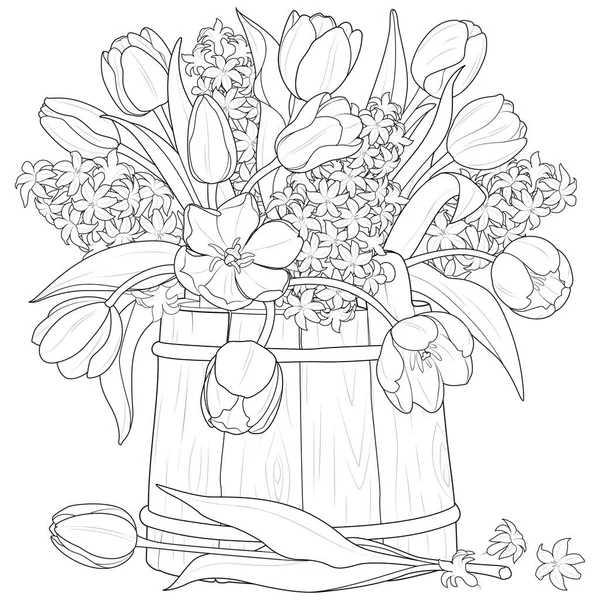 Boeket Tulpen Hyacinten Een Houten Emmer Zwart Wit Vector Illustratie — Stockvector
