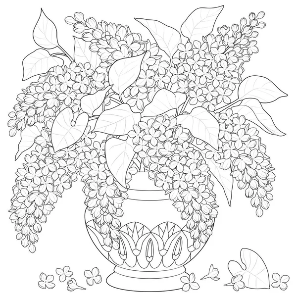 Buquê Lilases Vaso Com Ornamento Ilustração Vetorial Preto Branco — Vetor de Stock