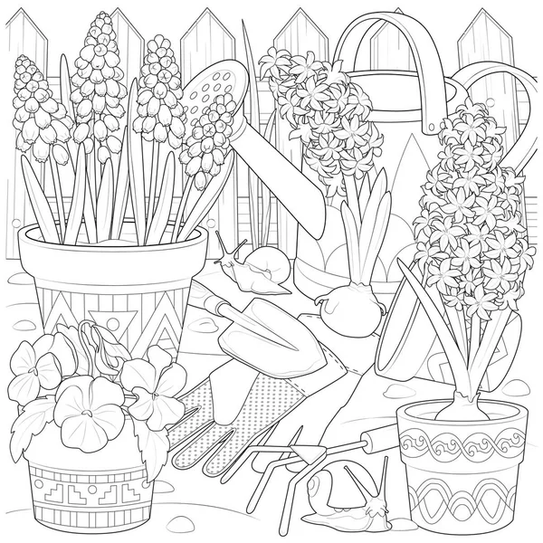 Flores Jardim Caracóis Ilustração Vetorial Preto Branco — Vetor de Stock