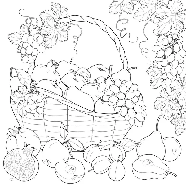 Frutta Matura Cesto Illustrazione Vettoriale Bianco Nero — Vettoriale Stock