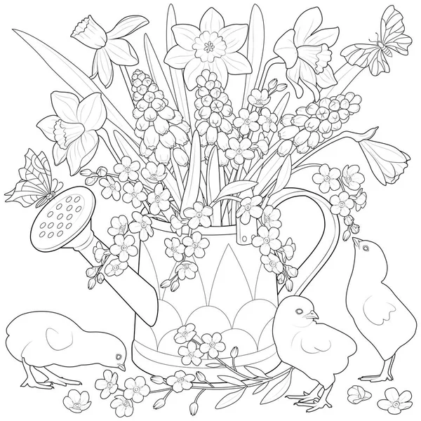 Watering Can Flowers Chickens Black White Vector Illustration — Stock Vector