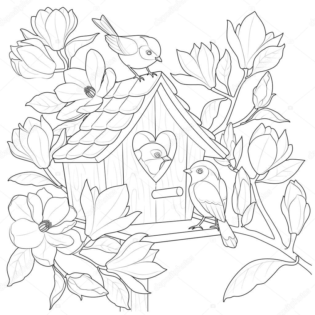 Bird house with birds on a magnolia branch black and white vector illustration