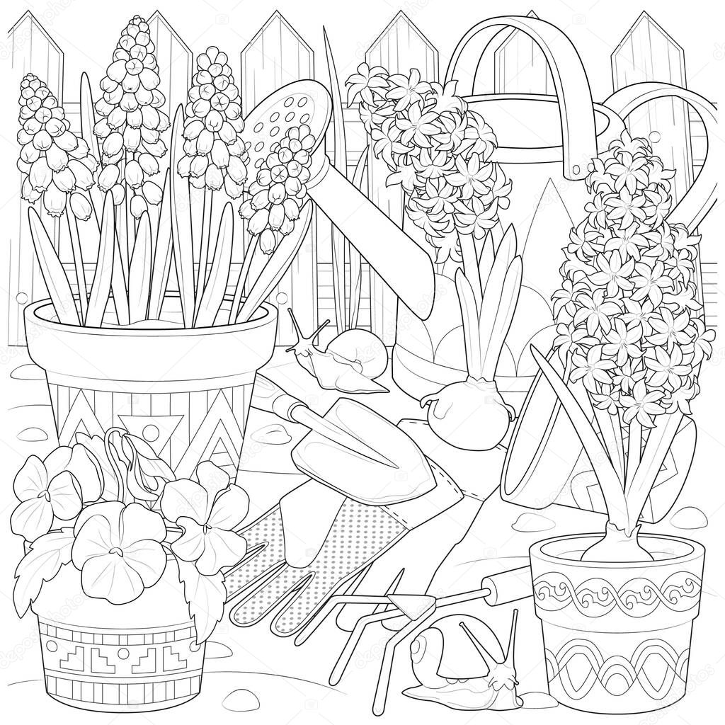 Flowers in the garden and snails black and white vector illustration