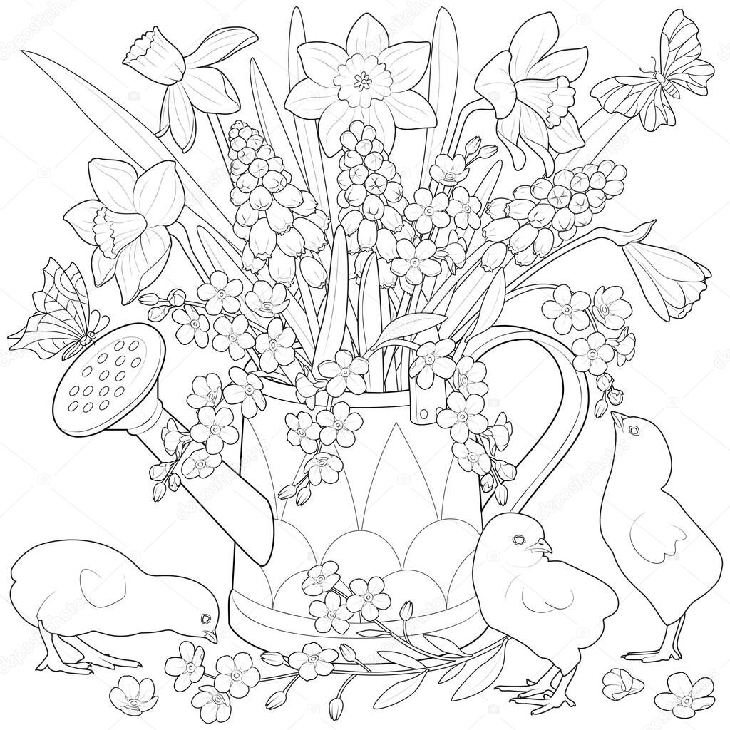 Watering can with flowers and chickens black and white vector illustration