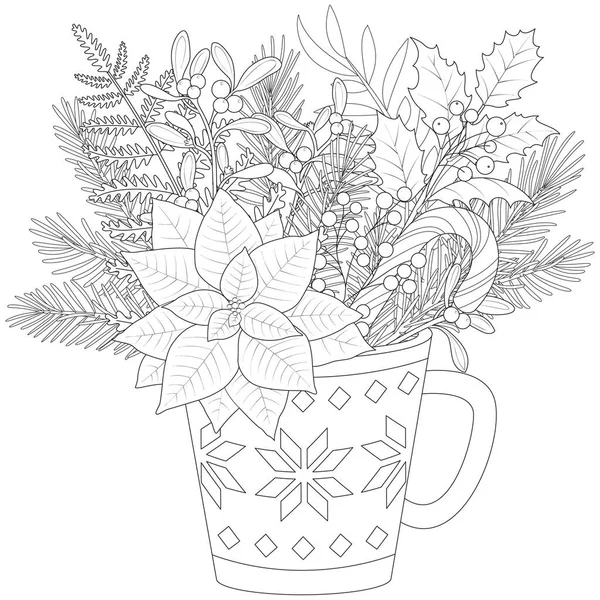 Christmas Bouquet Tea Mug Black White Vector Illustration — Stock Vector