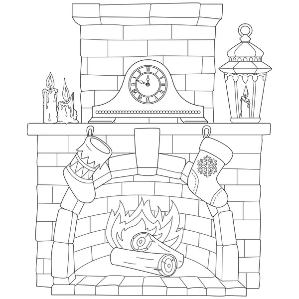 Chimenea Navidad Con Ilustración Vectores Blanco Negro Reloj — Archivo Imágenes Vectoriales