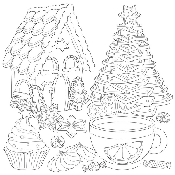 Natale Tea Party Illustrazione Vettoriale Bianco Nero — Vettoriale Stock