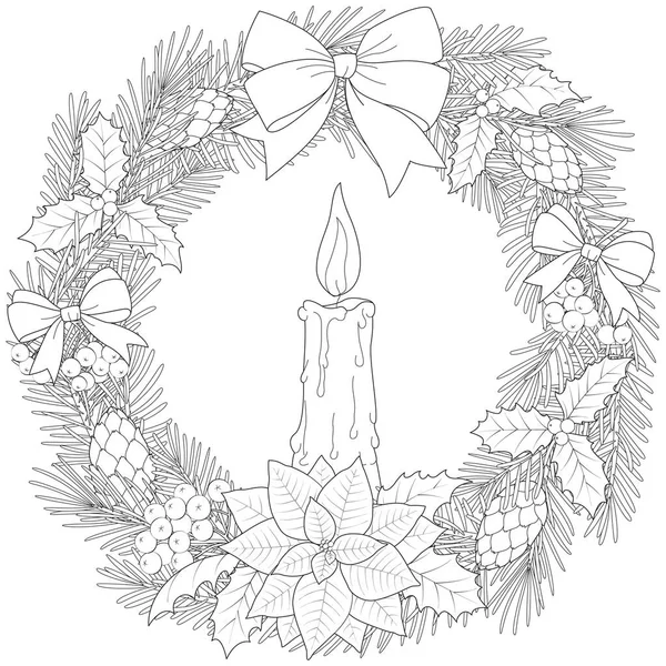 Christmas Wreath Candle Black White Vector Illustration — Stock Vector