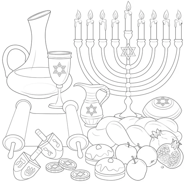 Hanukkah Decoraciones Mesa Ilustración Vectorial Blanco Negro — Archivo Imágenes Vectoriales
