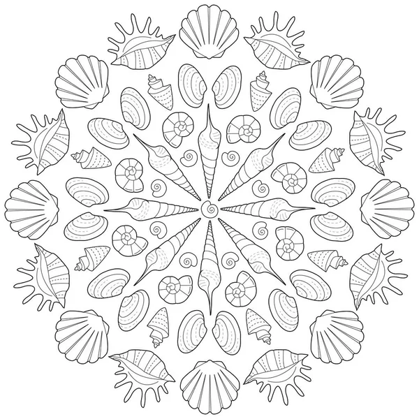 Shell Mandala Preto Branco Vetor Ilustração — Vetor de Stock