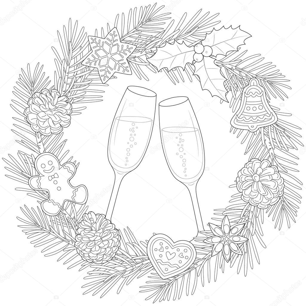 Christmas wreath with champagne black and white vector illustration