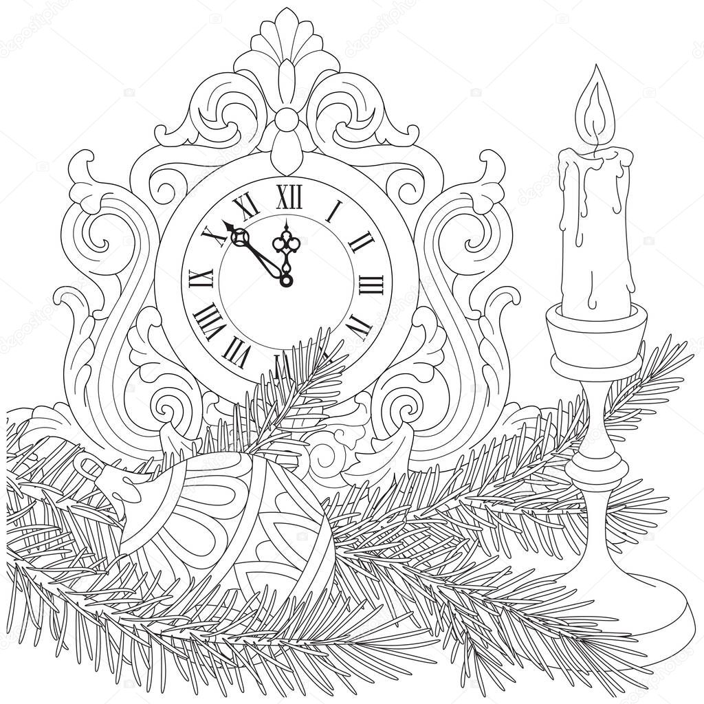 New Year's clock with candles black and white vector illustration