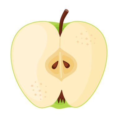 Olgun yeşil elma, taze bahçe meyvesi. Elle çizilmiş yemek tırnağı. Yarısı, bir dilim taze elma meyvesi şeffaf arka planda izole edilmiş düz stil. Granny Smith Vektör illüstrasyonu