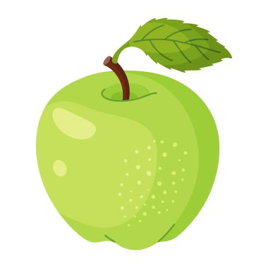 Yapraklı taze yeşil elma, taze bahçe meyvesi. Elle çizilmiş yemek tırnağı. Yeşil yapraklı tam meyve, şeffaf arka planda yalıtılmış düz stil. Vektör illüstrasyonu