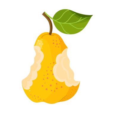 Isırılmış sarı bir armut. Düz stil, sağlıklı beslenme, tarif blogları, çevre dostu markalaşma, sosyal medya, çıkartmalar, menüler, posterler ve kitaplar için saydam bir arka planda izole edilmiştir..