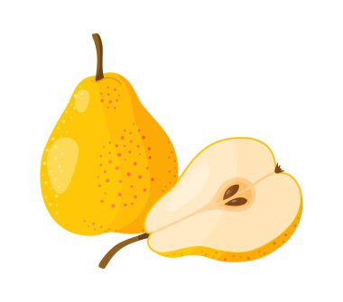 Sarı armutlar, tam ve yarım. Taze meyve. Şeffaf arkaplanda modern düz stil izole edildi. Sağlıklı beslenme, blog, meyve paketleme, etiketleme, çevre dostu, sosyal medya, çıkartmalar, menü, poster