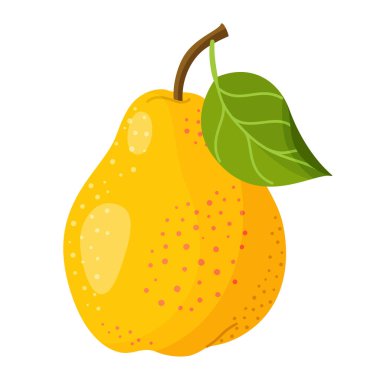 Yeşil yapraklı taze sulu sarı armut. Şeffaf arkaplanda modern düz stil izole edildi. Sağlıklı beslenme, blog, ambalaj, etiket, çevre dostu, sosyal medya, çıkartmalar, menü, poster