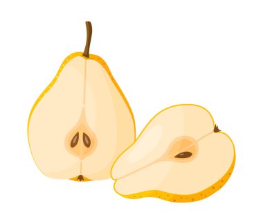 Sarı armut ikiye bölünmüş. İki parça armut. Taze meyve. Modern düz stil izole. Sağlıklı beslenme, bloglar, meyve ambalajları, etiketler, çevre dostu, sosyal medya, çıkartmalar, menü, poster için. Vektör