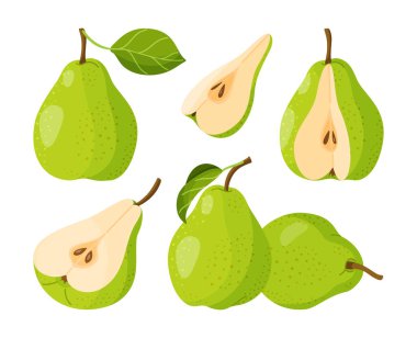 Dilimlenmiş sarı armut. Üç dilim sulu armut, meyve dilimleri, el çizimi, modaya uygun düz stil, şeffaf arka planda izole. Çevre dostu, çıkartma ve menü için. Vektör illüstrasyonu