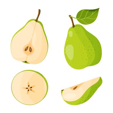 Dilimlenmiş sarı armut. Üç dilim sulu armut, meyve dilimleri, el çizimi, modaya uygun düz stil, şeffaf arka planda izole. Çevre dostu, çıkartma ve menü için. Vektör illüstrasyonu
