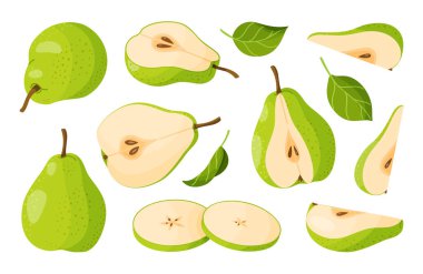 Dilimlenmiş sarı armut. Üç dilim sulu armut, meyve dilimleri, el çizimi, modaya uygun düz stil, şeffaf arka planda izole. Çevre dostu, çıkartma ve menü için. Vektör illüstrasyonu