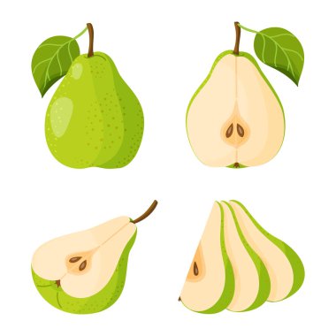 Dilimlenmiş sarı armut. Üç dilim sulu armut, meyve dilimleri, el çizimi, modaya uygun düz stil, şeffaf arka planda izole. Çevre dostu, çıkartma ve menü için. Vektör illüstrasyonu