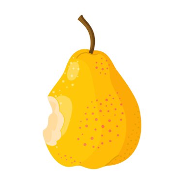 Isırılmış sarı bir armut. Düz stil, sağlıklı beslenme, tarif blogları, çevre dostu markalaşma, sosyal medya, çıkartmalar, menüler, posterler ve kitaplar için saydam bir arka planda izole edilmiştir..