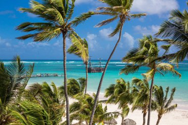 The Pirate ship is moored to the shore of a beautiful beach with white sand and turquoise water. Pirates of the Caribbean. Los Corales, Bavaro, Punta Cana clipart