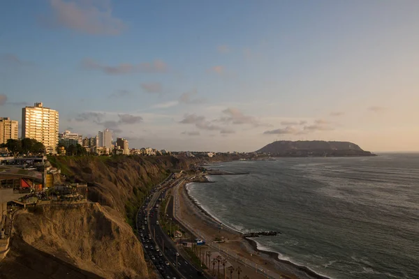 Lima Peru Distrito Miraflores Pôr Sol Cidade Costa Oceano Pacífico — Fotografia de Stock