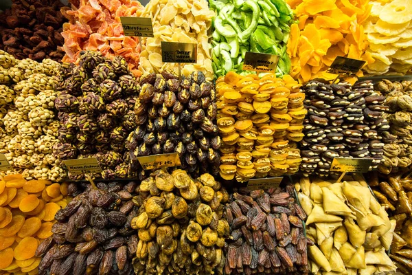 Turkish sweets and dried fruits on the counter of a trading shop in the Grand Bazaar
