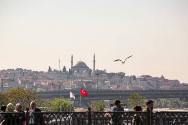 Türkiye, Istanbul-3 Mayıs 2019: Süleymaniye Camii 'nin panoramik manzarası. İnsanlar Türk bayrağının arka planında Galata Köprüsü üzerinde yürüyebilir. Seagull uçar