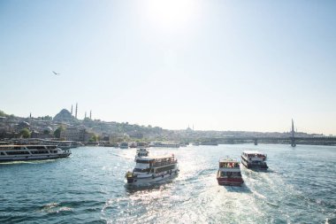 Türkiye, Istanbul-3 Mayıs 2019: Fatih İlçesi ve Süleymaniye Camii 'nin panoramik manzarası, turistler Boğaz üzerinden tekne manzarası keyfini çıkarın