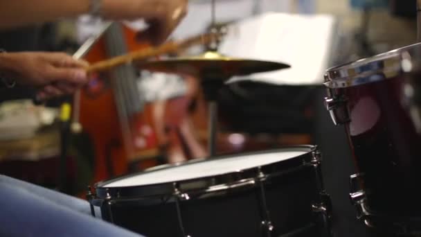 Musician Plays Drums Close Edited Sequence Drum Sticks Hands Beat — Stock Video