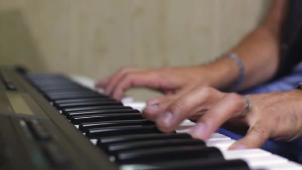 Playing Synthesizer Musician Man Playing Electric Piano Hands Close — Stock Video