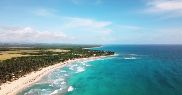 海の海岸の高い空の景色 ターコイズブルーの水と大きな波 楽園の熱帯の島 ドミニカ共和国の美しい海岸 観光客はビーチで日光浴に休暇で飛ぶ — ストック動画
