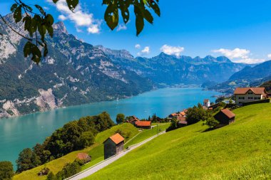 Panorama manzaralı Walensee (Walen) gölü ve Alpler yürüyüş parkurunda, gölün güney yakasından yeşil çayırlar ile İsviçre 'nin Glarus Kantonu.