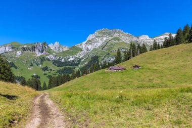 İsviçre kırsalının vadiden Santis (Saentis) tepesine uzanan yürüyüş yolu üzerindeki güzel manzarası, Appenzell Kantonu, İsviçre