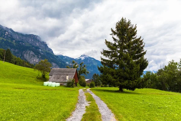 Vista Idilliaca Sul Sentiero Verso Villaggio Nelle Alpi Svizzere Vicino — Foto Stock