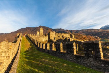 Castelgrande Şatosu 'nun güzel manzarası ve sonbaharda güneş ışığı, renkli ağaçlar ve yeşil çimenler ve İsviçre Alpleri dağı ve arka planda mavi gökyüzü bulutu, Bellinzona, Ticino, İsviçre