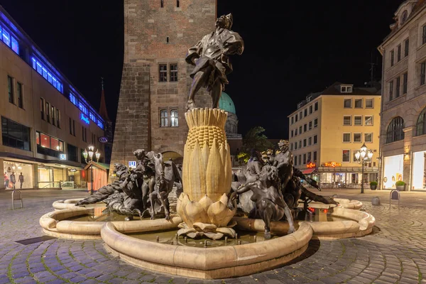 Nürnberg Tyskland September 2016 Nattutsikt Över Fontänen Ehekarussell Ehebrunnen Äktenskap — Stockfoto