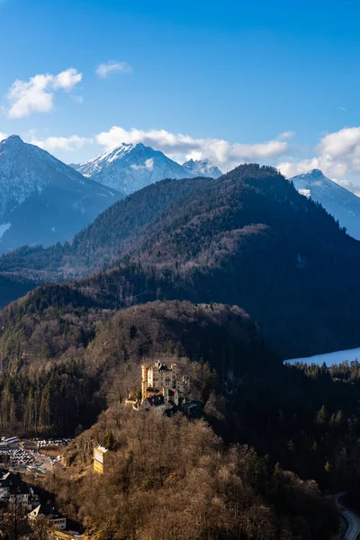 Vista Deslumbrante Dos Alpes Lago Baviera Com Famoso Castelo Hohenschwangau — Fotografia de Stock