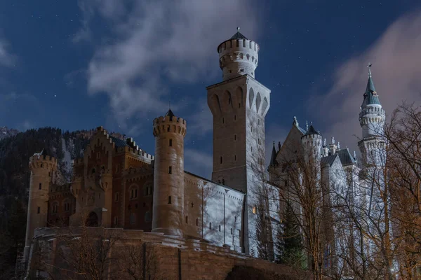 Fantástica Noite Exterior Vista Perto Famoso Castelo Neuschwanstein Inverno Com — Fotografia de Stock