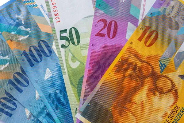 Közelkép Különböző Svájci Frankos Bankjegyekről Háttérként — Stock Fotó