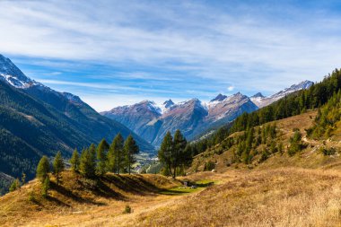 Loetschental Vadisi 'nin panorama manzarası ve İsviçre' nin Fafleralp köyü yakınlarındaki yürüyüş yolundan Valais Kantonu 'ndaki dağ sıraları..