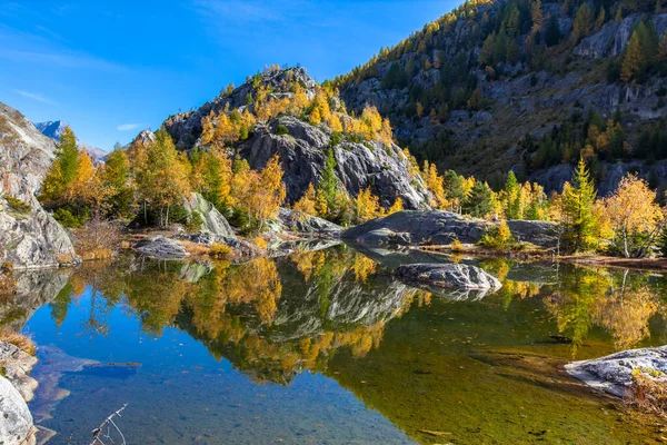 Belle Vue Sur Lac Vert Avec Reflet Arbres Colorés Automne — Photo